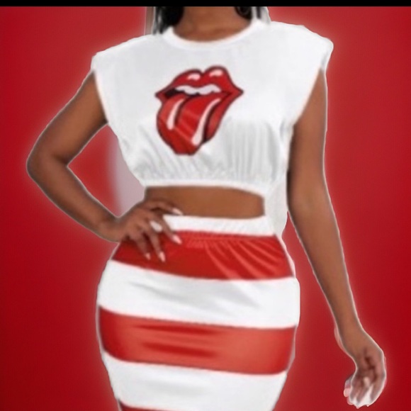 2pc Skirt Set 💋 👅 Rolling Stones Lips Crop Top Red & White Striped Long Skirt - Picture 5 of 11